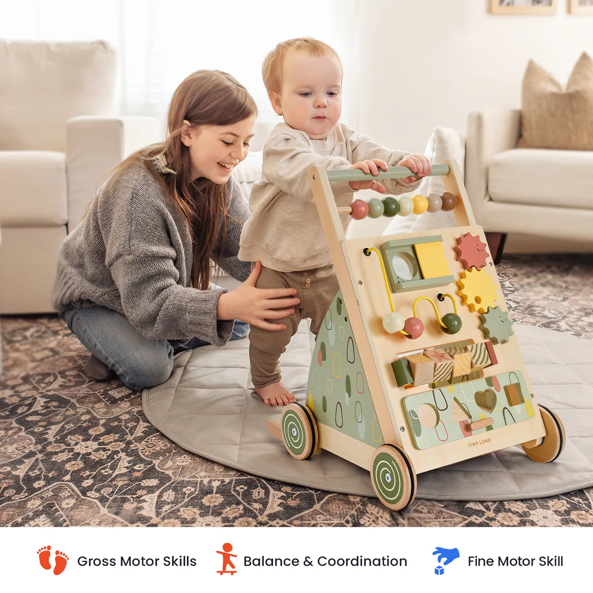 Tiny Land First Steps Sage | Wooden Baby Activity Push Walker