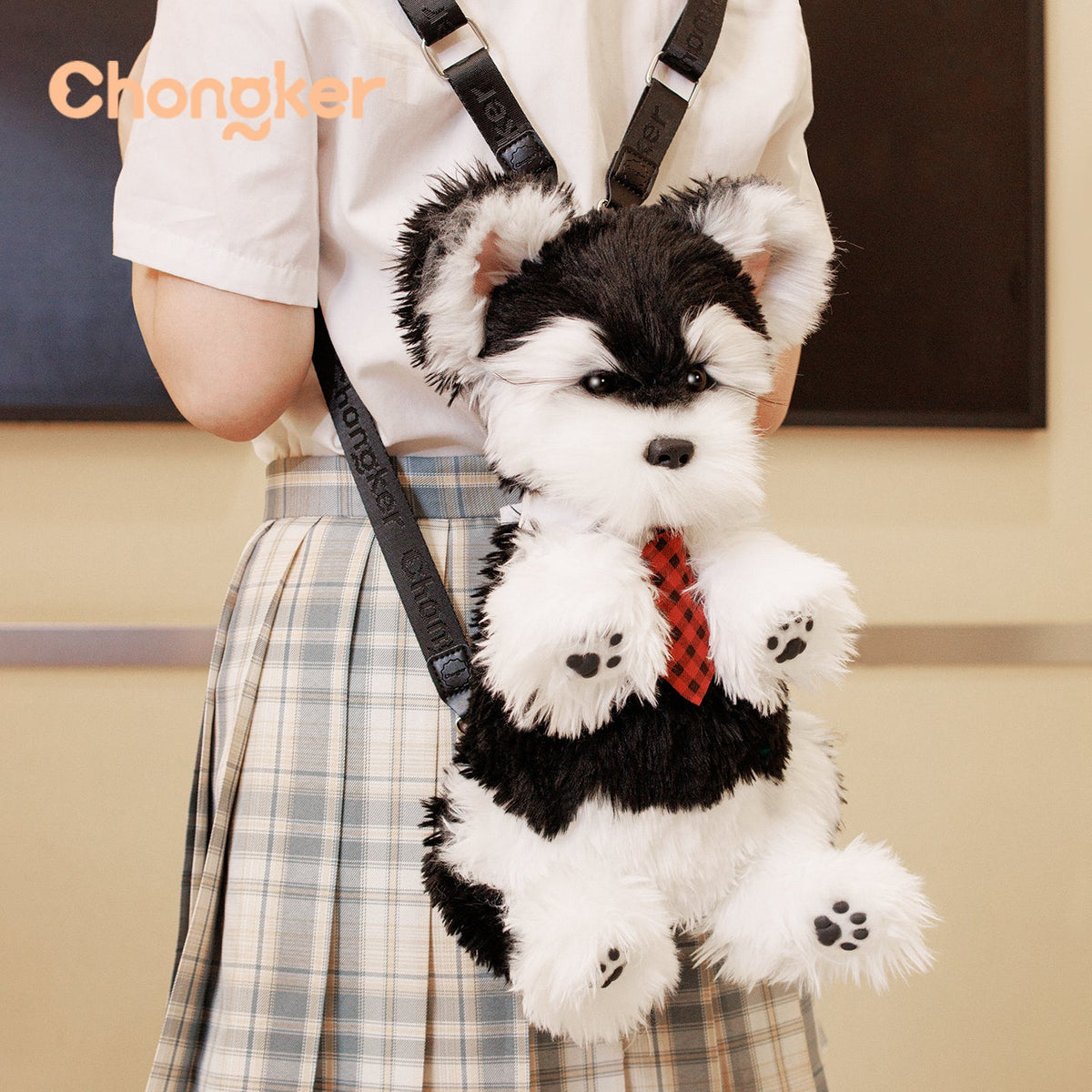 Chongker black and white Schnauzer plush backpack