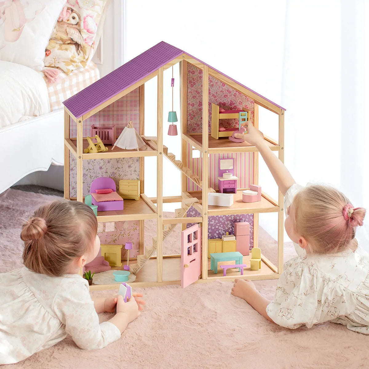 Tiny Land Sweetwood Unicorn | Wooden Dollhouse with Family Dolls