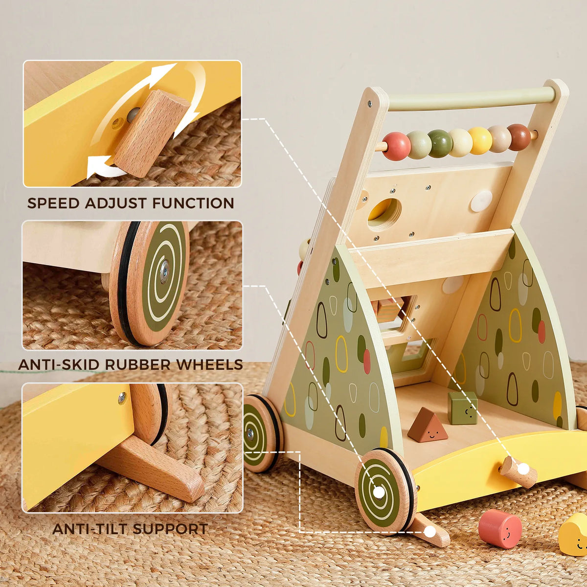 Tiny Land First Steps Sage | Wooden Baby Activity Push Walker