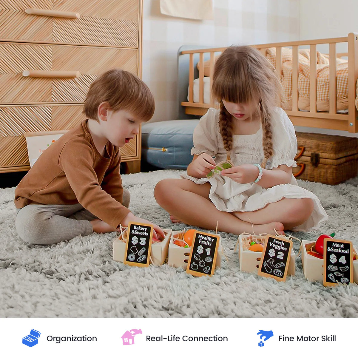 Tiny Land Kitchen Organizer | Wooden Play Food & Storage Rack Bundle