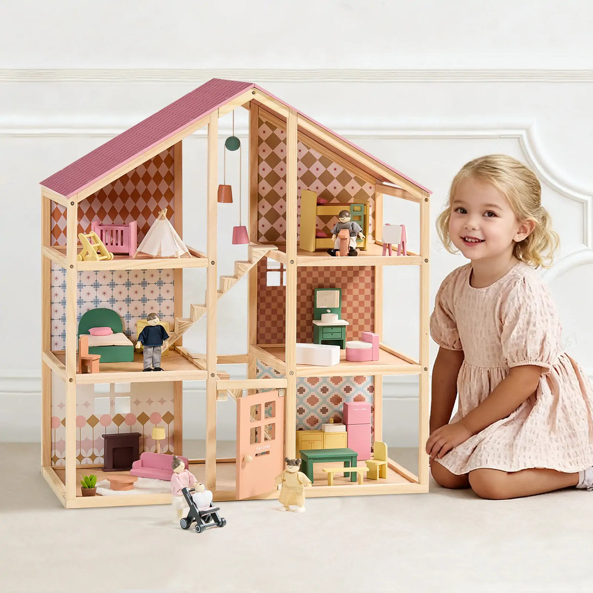 Tiny Land Sweetwood Pegasus | Wooden Dollhouse with Family Dolls