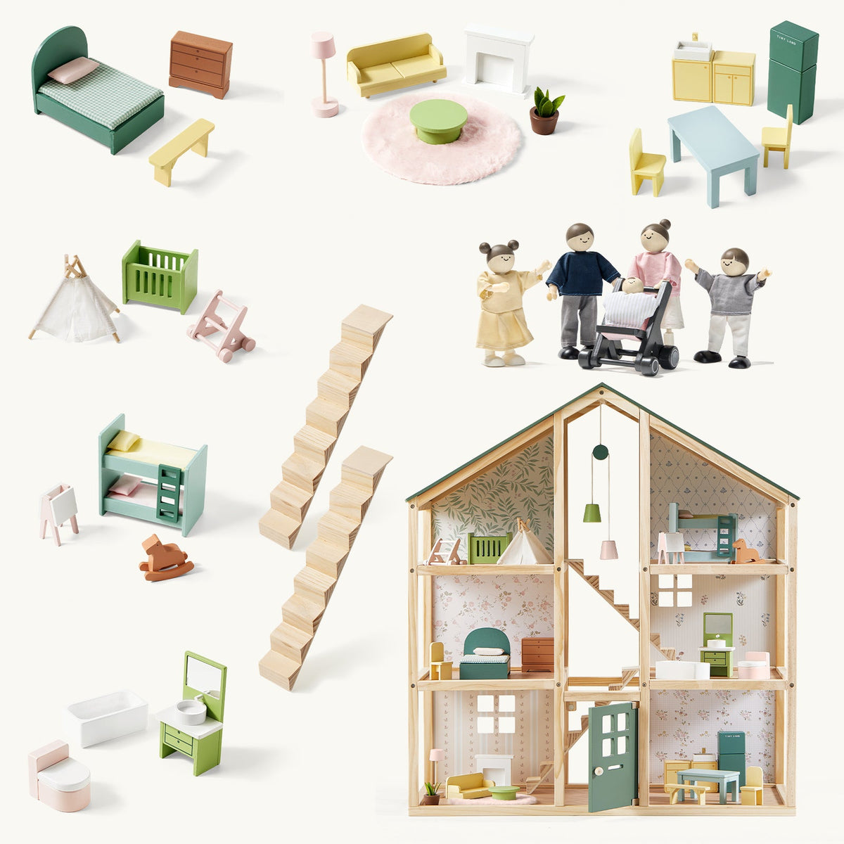 Tiny Land Sweetwood Evergreen | Wooden Dollhouse & Family Dolls