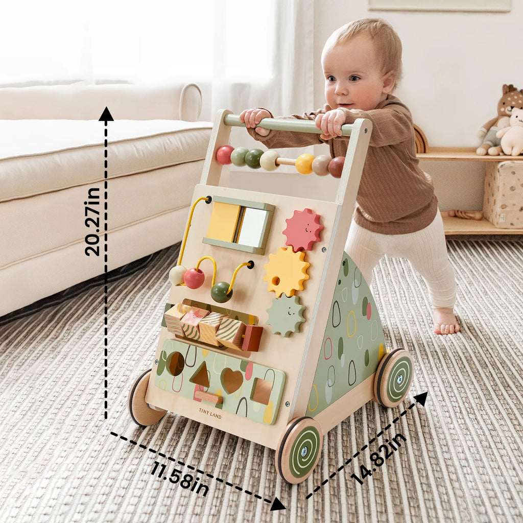 Tiny Land First Steps Sage | Wooden Baby Activity Push Walker