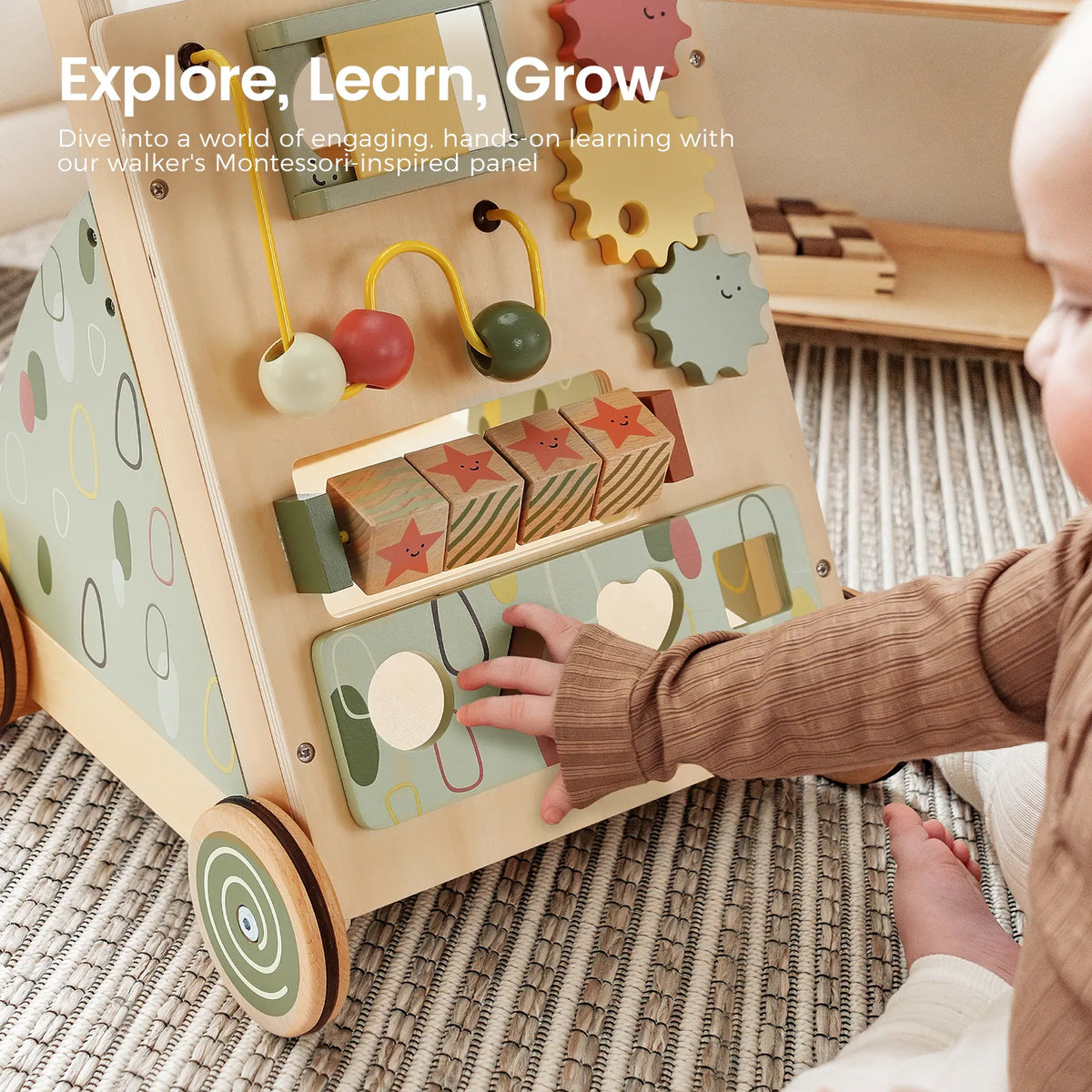 Tiny Land First Steps Sage | Wooden Baby Activity Push Walker