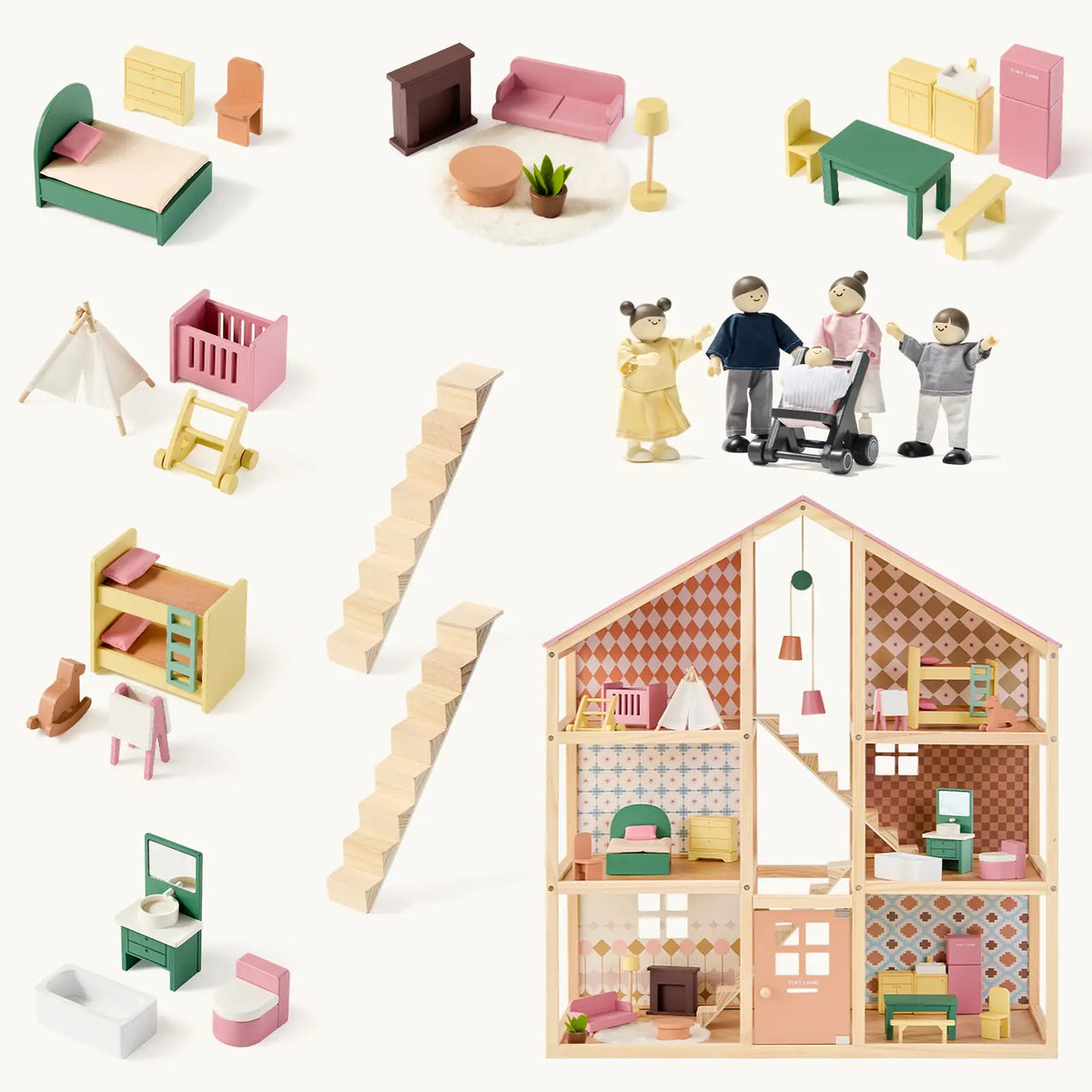 Tiny Land Sweetwood Pegasus | Wooden Dollhouse with Family Dolls