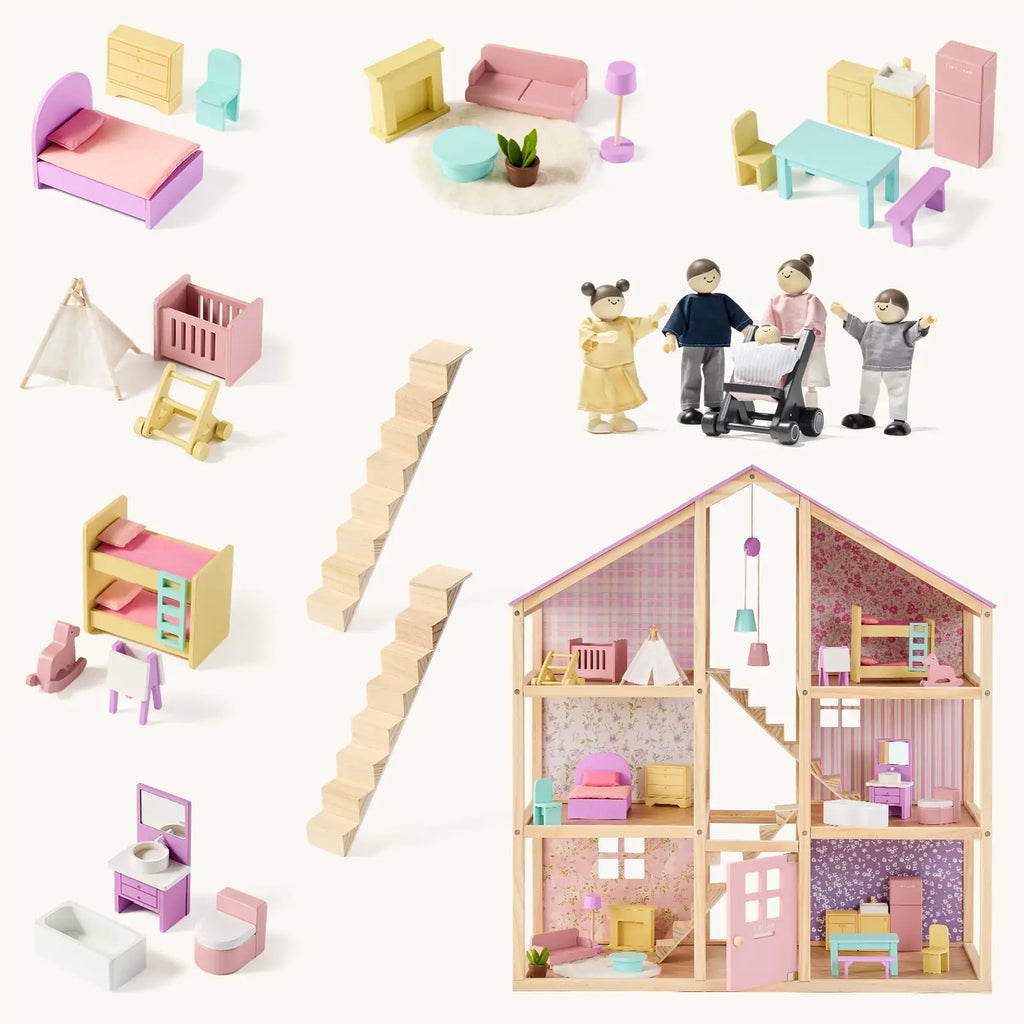 Tiny Land Sweetwood Unicorn | Wooden Dollhouse with Family Dolls