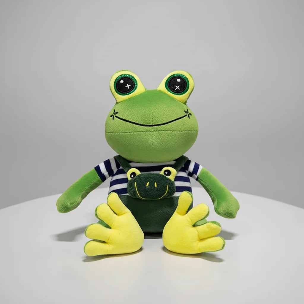Green big-eyed frog plush wearing striped overalls