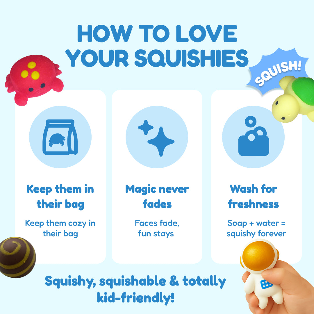 Squishyland Rainbow Reef guide to caring for squishy game pieces