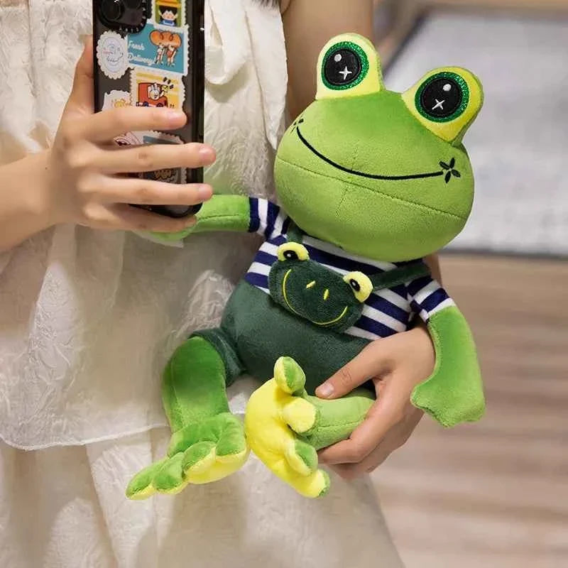 Big-Eyed Frog Plush in Striped Overalls