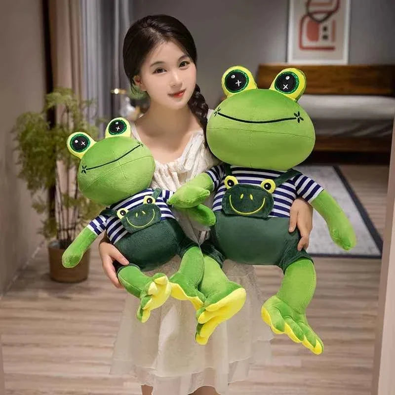 Big-Eyed Frog Plush in Striped Overalls