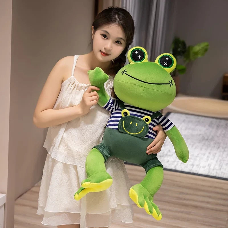 Big-Eyed Frog Plush in Striped Overalls