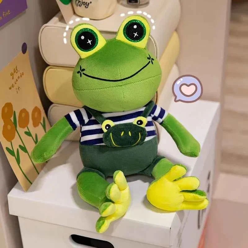Big-Eyed Frog Plush in Striped Overalls