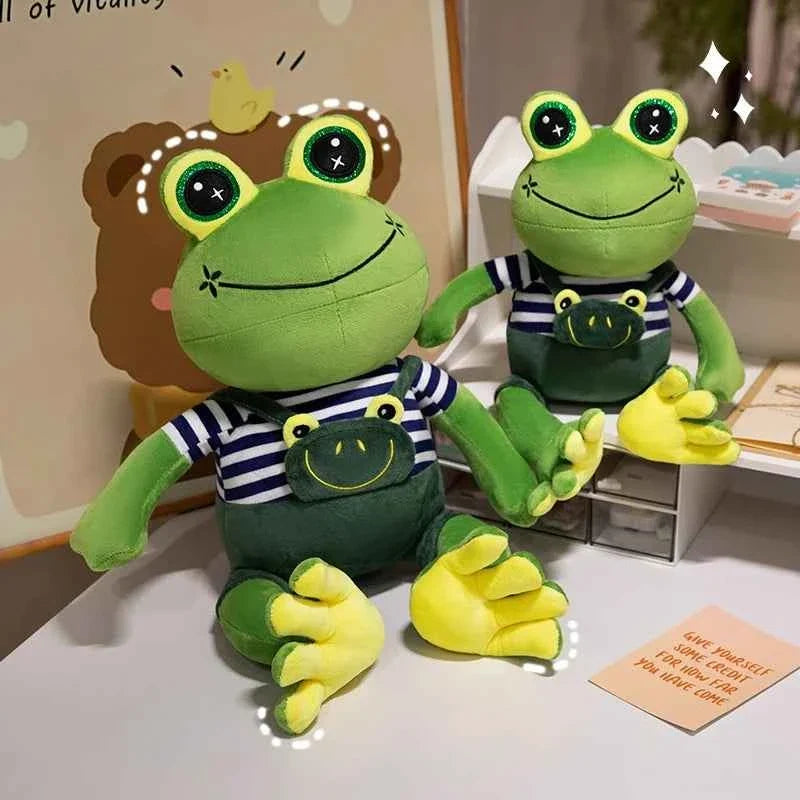 Big-Eyed Frog Plush in Striped Overalls