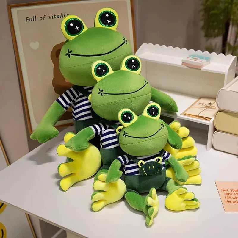 Big-Eyed Frog Plush in Striped Overalls