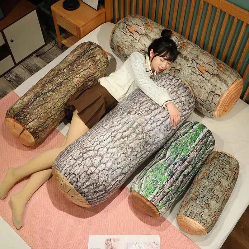 Tree stump-inspired plush log cushion