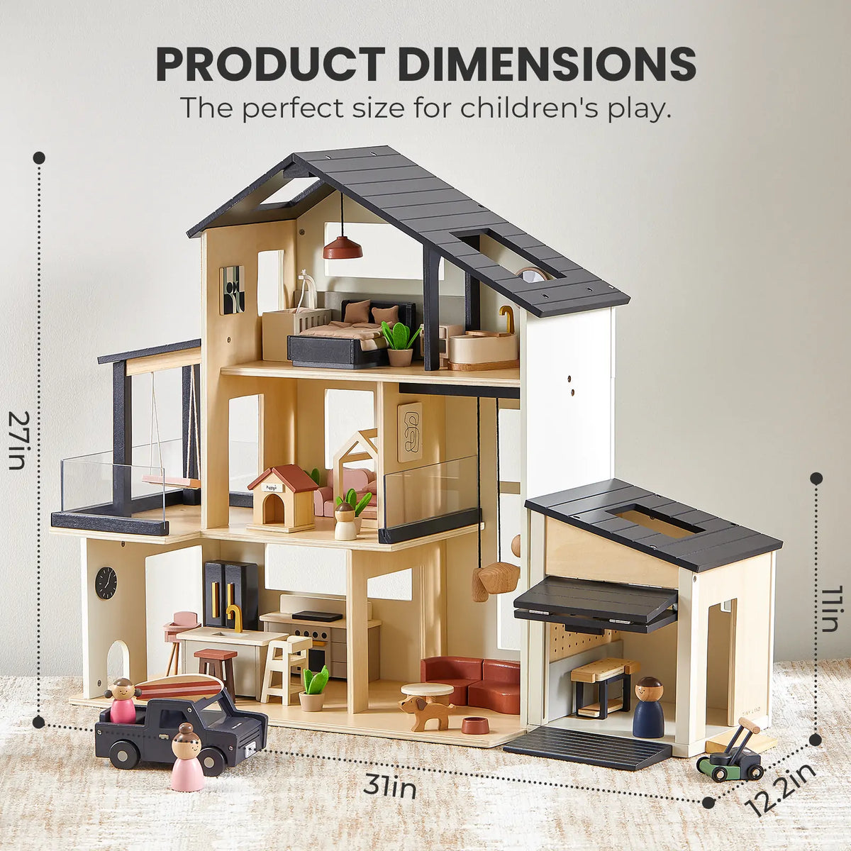 Tiny Land Sweetwood Edge | Wooden Dollhouse & Toy Garage Bundle