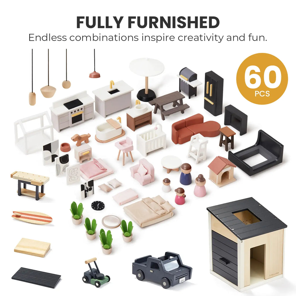 Tiny Land Sweetwood Edge | Wooden Dollhouse & Toy Garage Bundle
