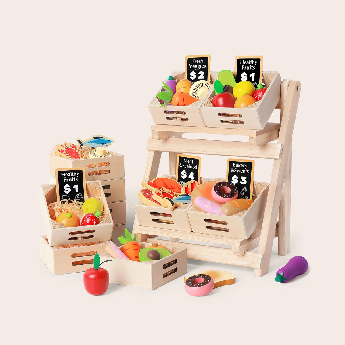 Tiny Land wooden play food set and storage rack