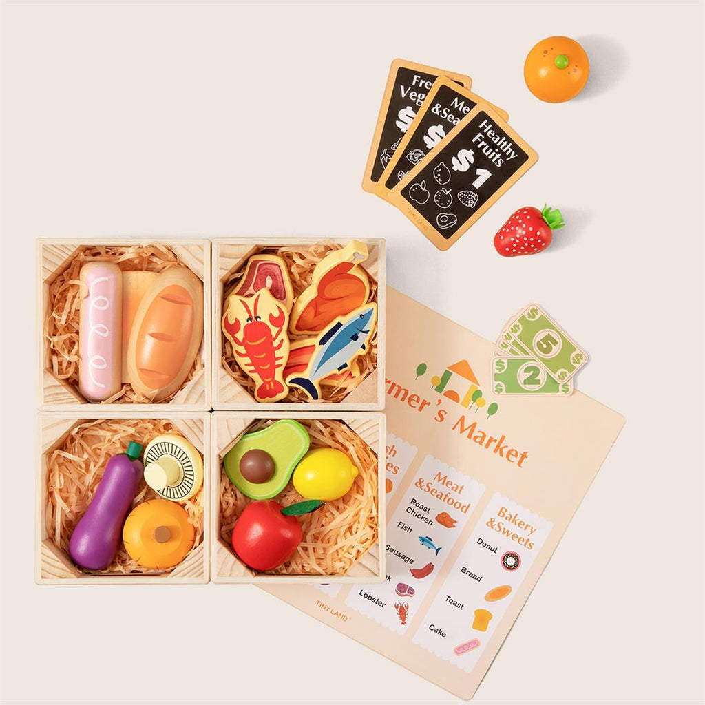 Tiny Land Kitchen Organizer | Wooden Play Food & Storage Rack Bundle