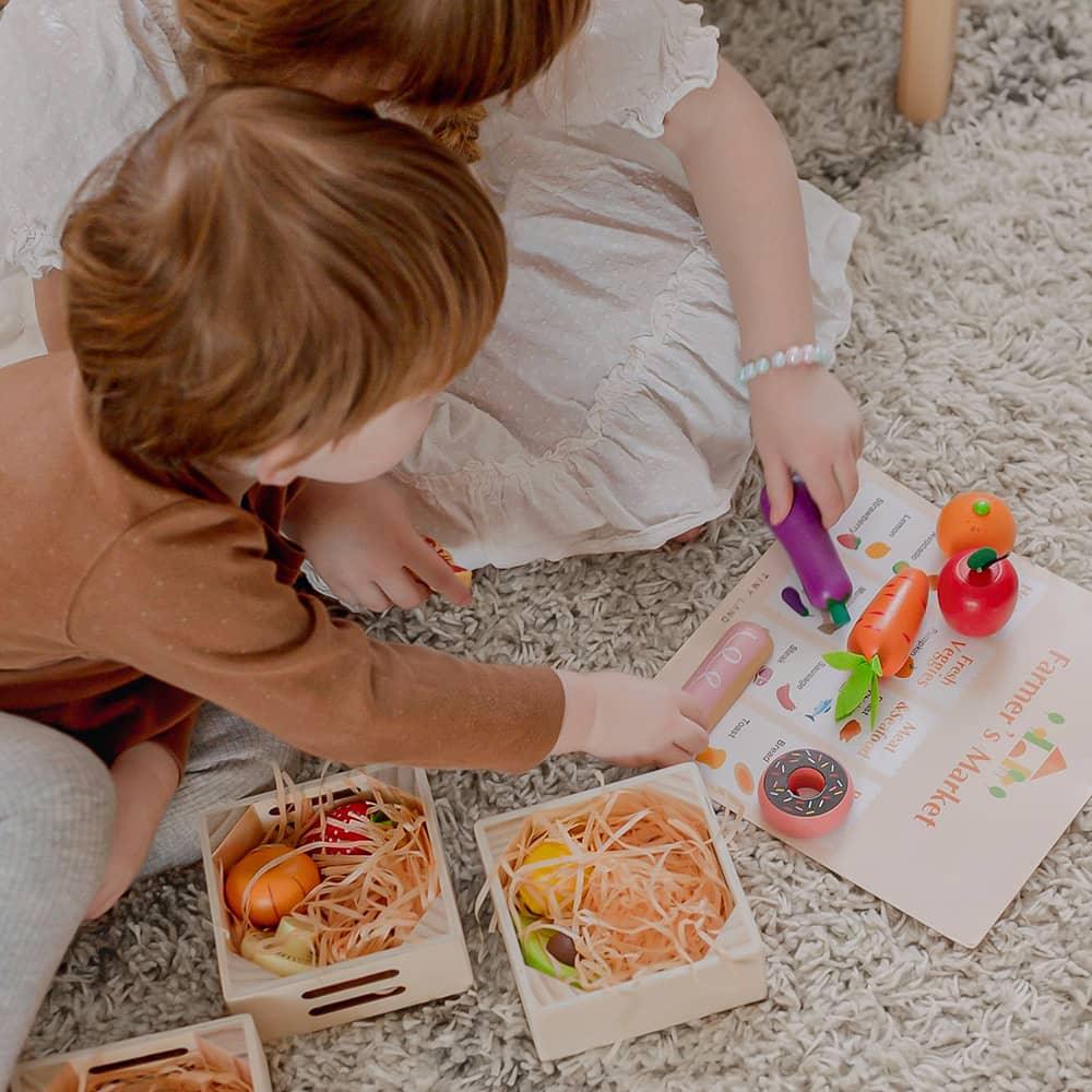 Tiny Land Kitchen Organizer | Wooden Play Food & Storage Rack Bundle