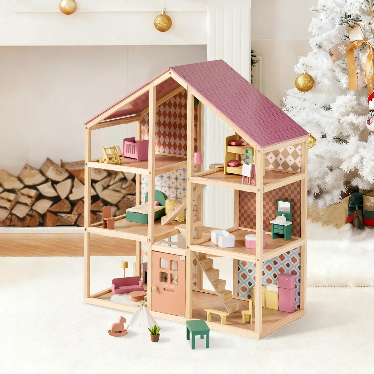 Tiny Land Sweetwood Pegasus | Wooden Dollhouse with Family Dolls