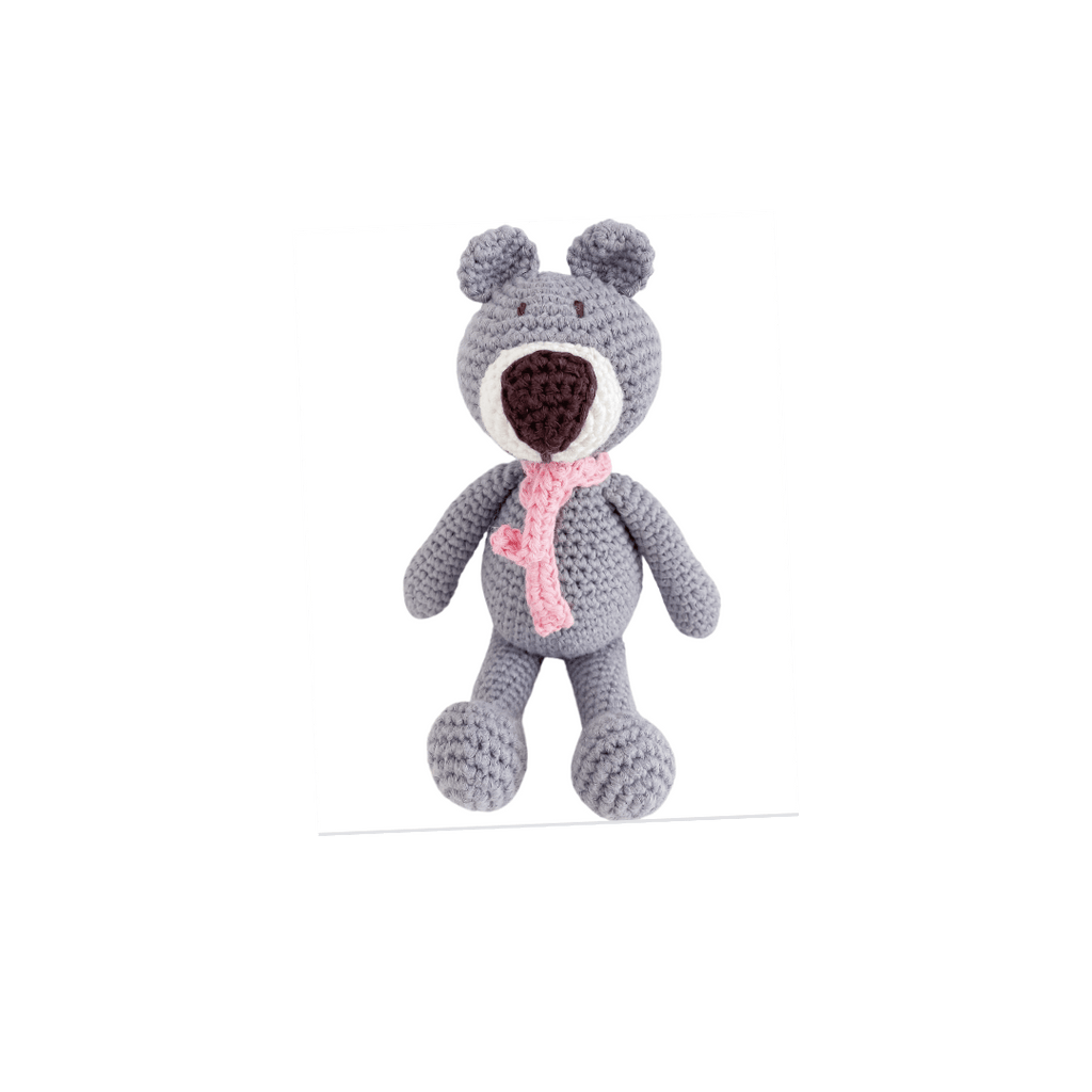 Bebemoss mini gray Atty bear crochet toy with scarf