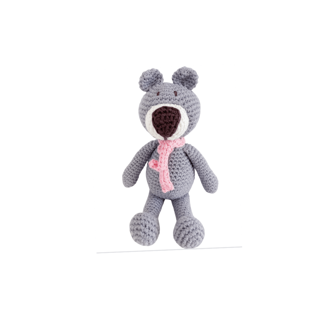 Bebemoss mini gray Atty bear crochet toy with scarf