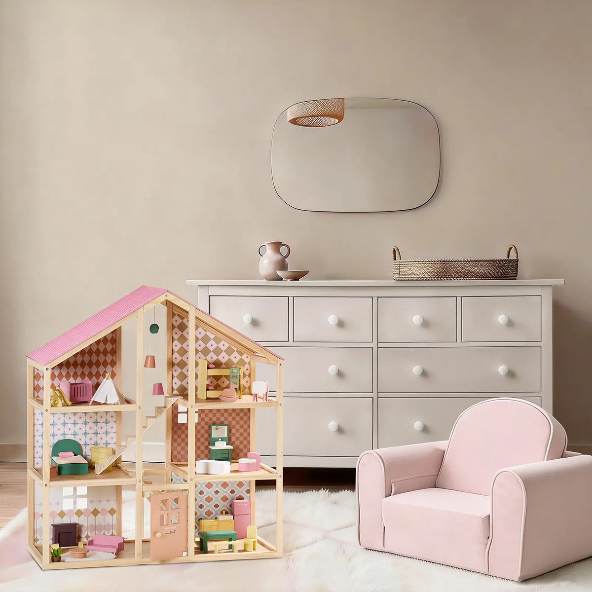 Tiny Land Sweetwood Pegasus | Wooden Dollhouse with Family Dolls